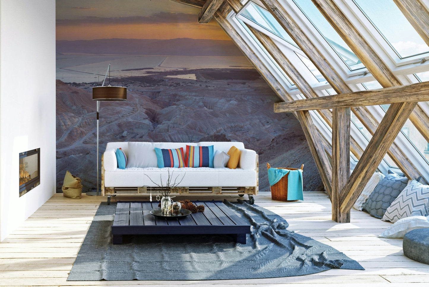 Wide arid land mural with low sunlight

