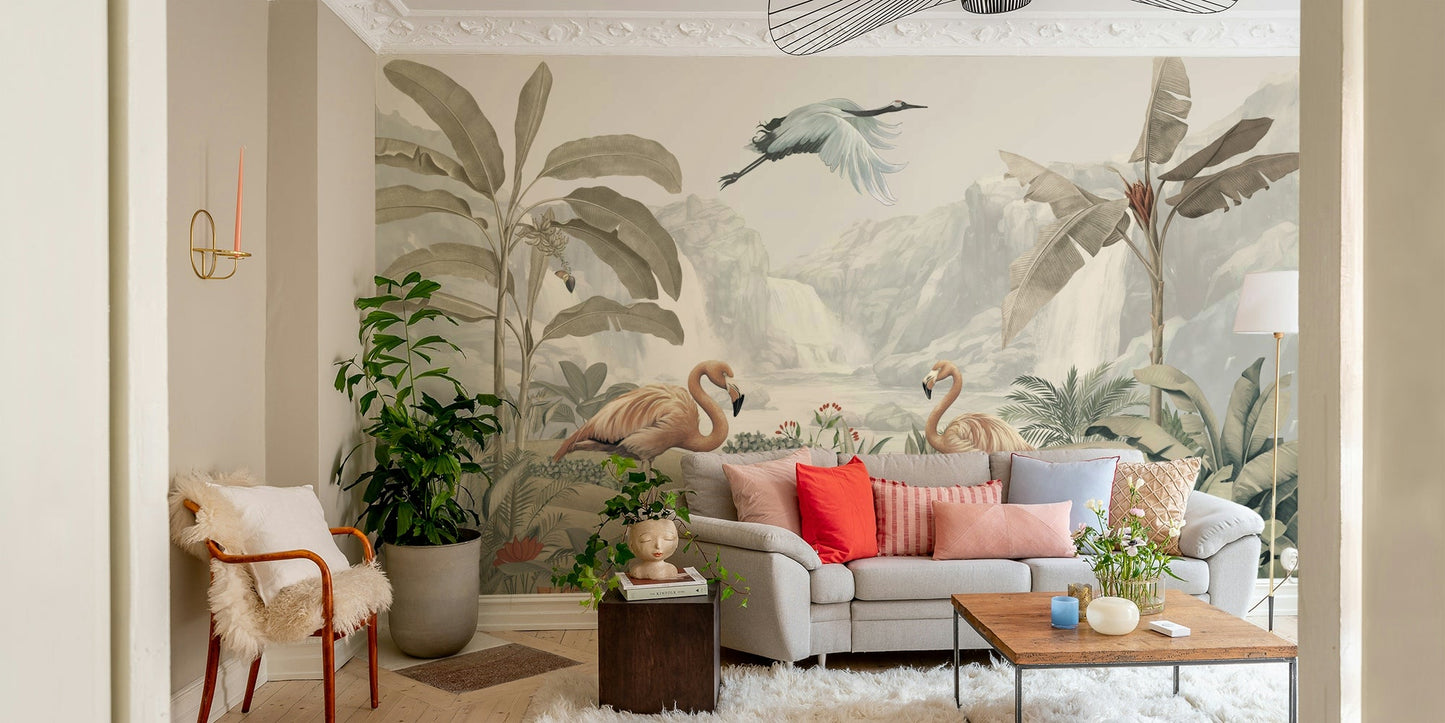 The background shows a lush, green landscape with tall palms.
