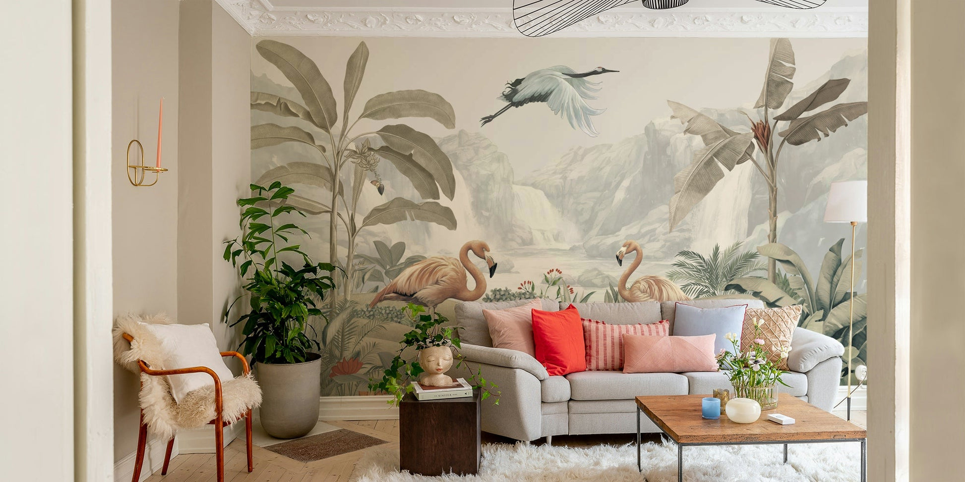 The background shows a lush, green landscape with tall palms.
