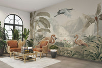 The flamingos are depicted gracefully, some standing, some with heads lowered.
