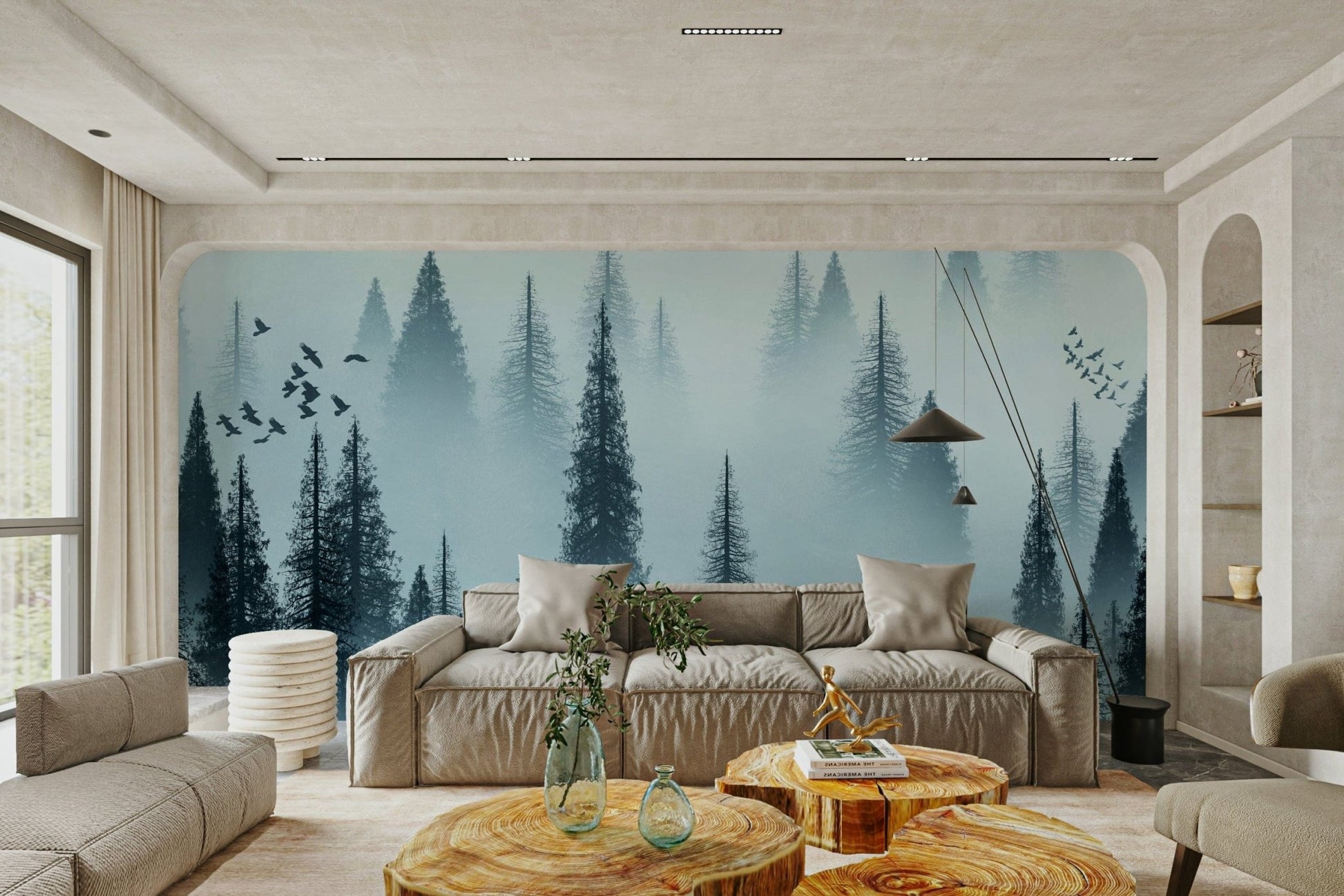 Dawn forest mural with tall trees

