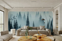 Dawn forest mural with tall trees

