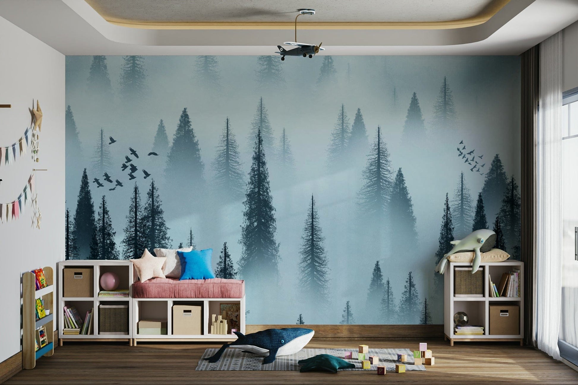 Gentle forest wall mural with morning mist

