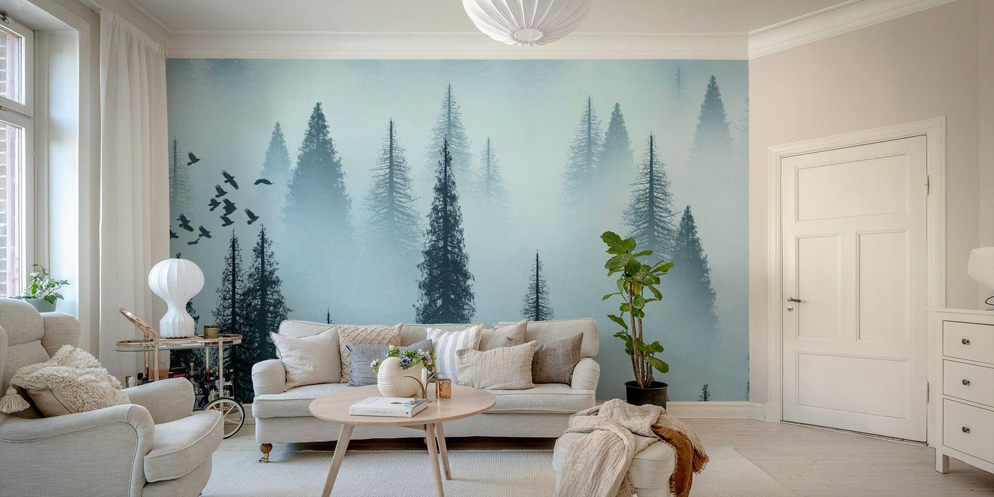 Peaceful sunrise forest wallpaper design