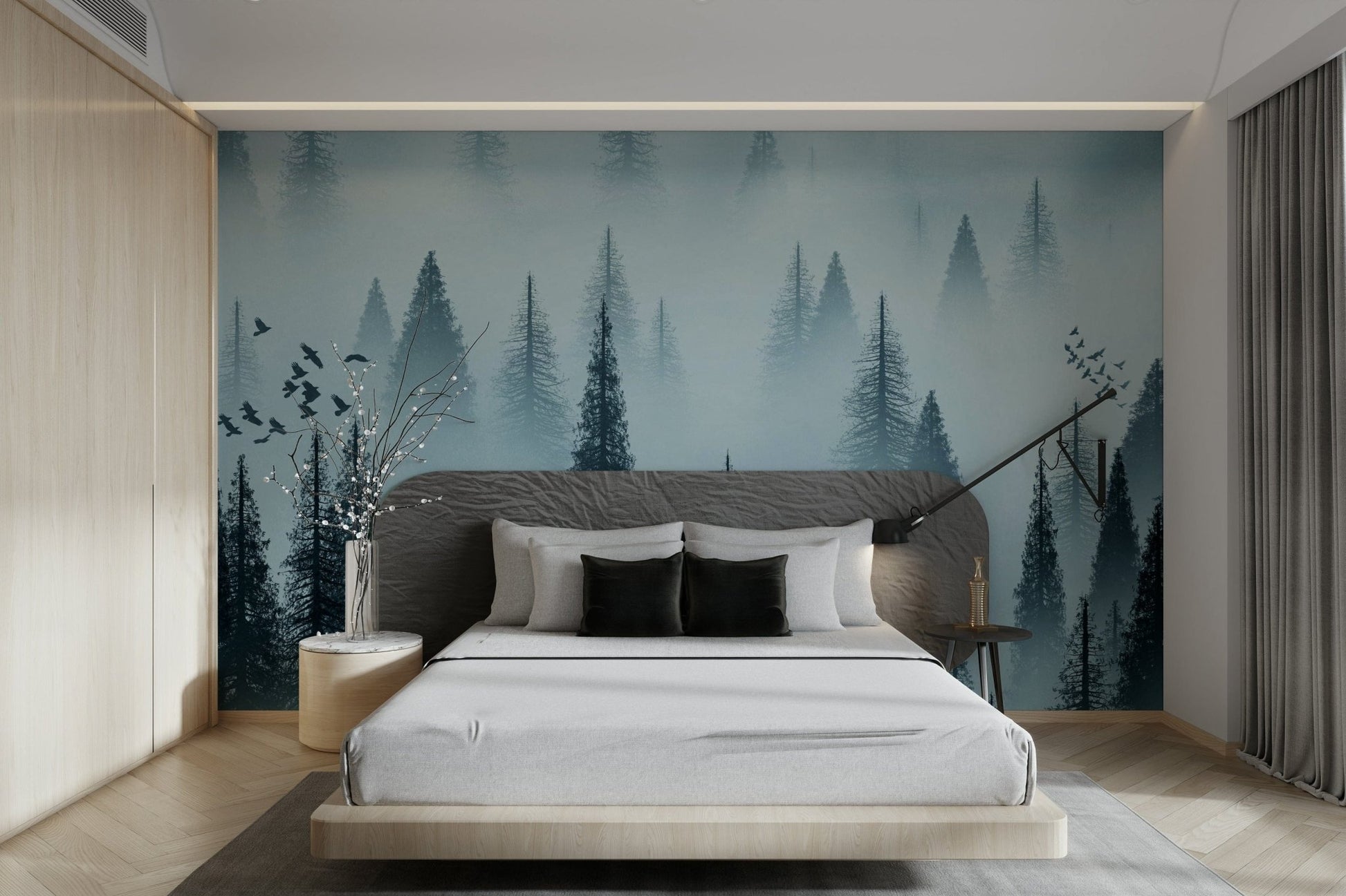 Calm forest dawn mural in soft tones