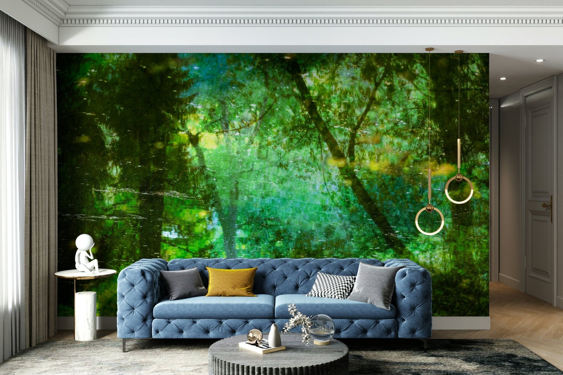 Lush green forest reflected in calm water.

