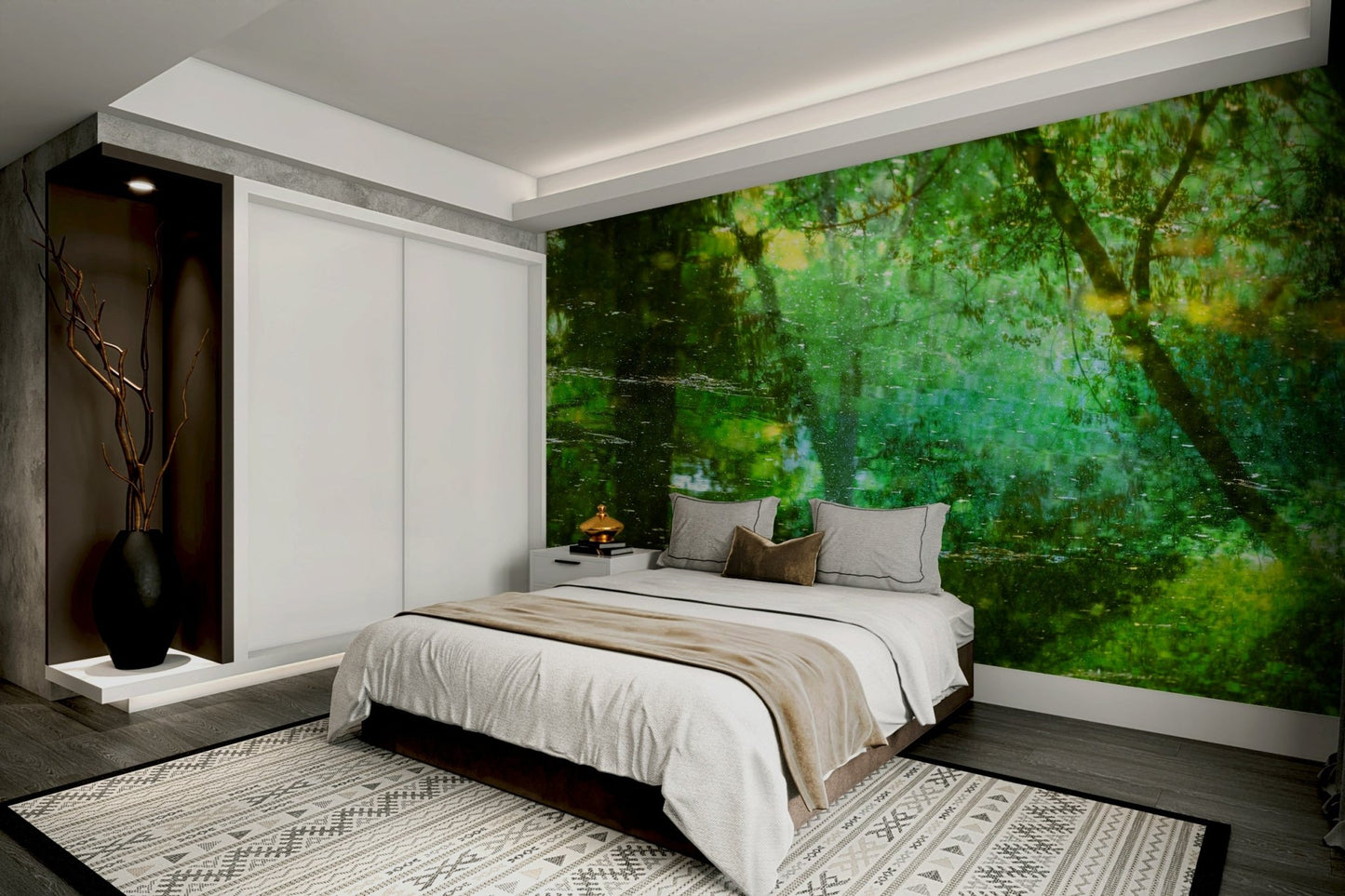 Vibrant hues of green and earthy tones.

