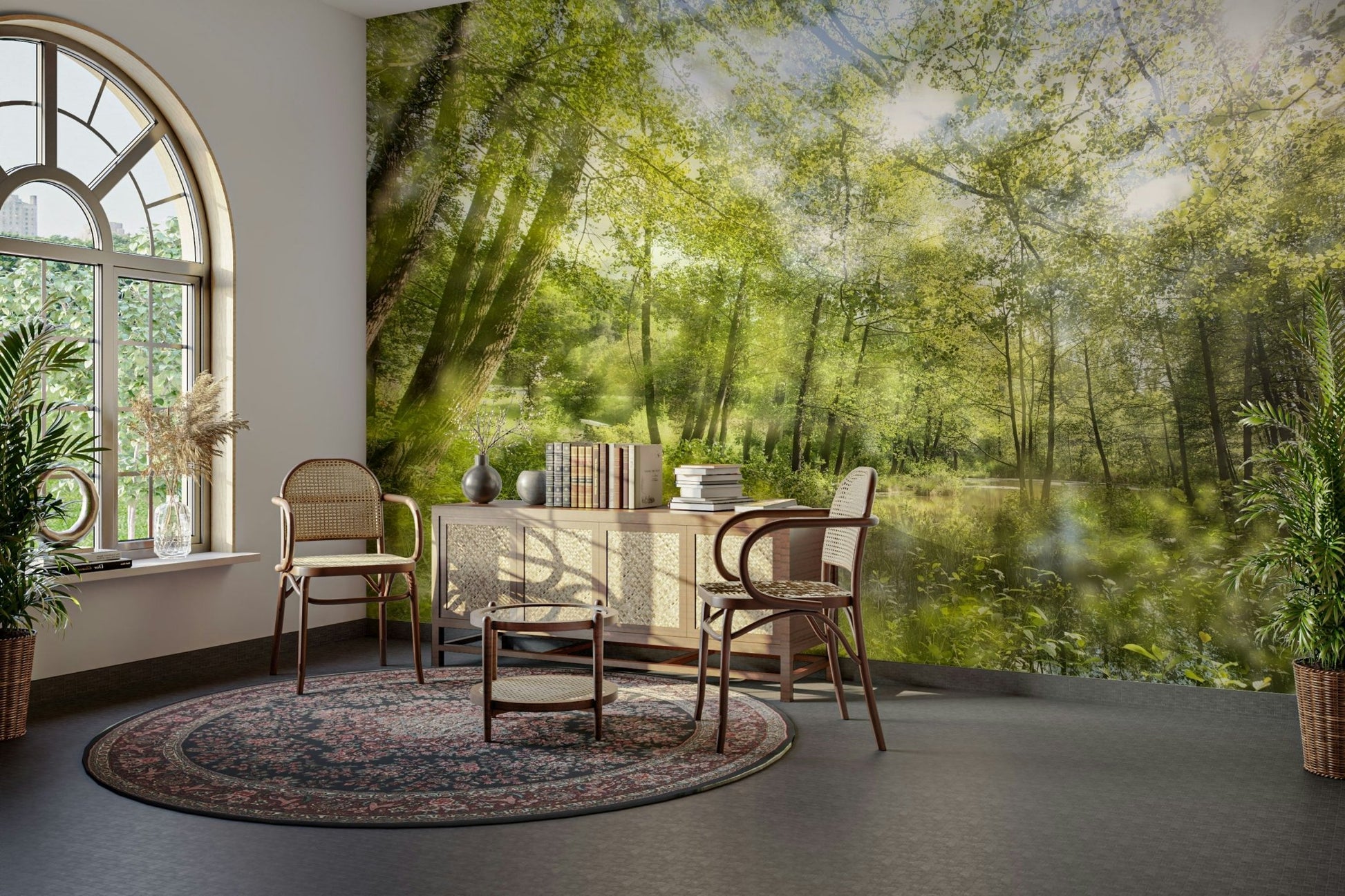 The color palette is composed of various shades of green for the foliage, blues for the water and sky, and earthy tones for the land.
