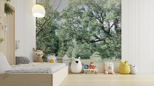 A photo-realistic wall mural of a tranquil greenery landscape.

