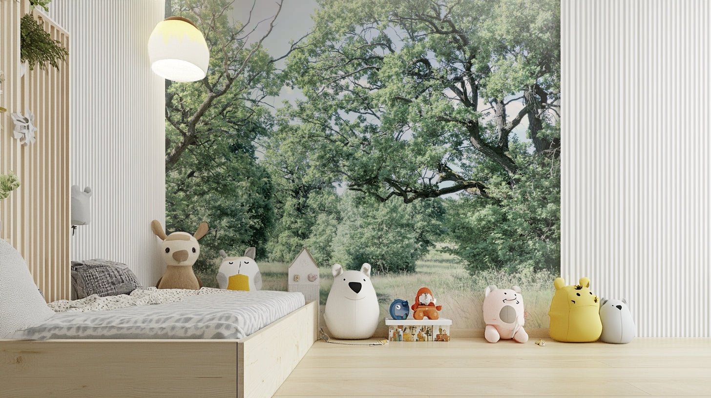 A photo-realistic wall mural of a tranquil greenery landscape.

