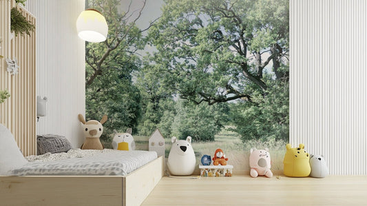 A photo-realistic wall mural of a tranquil greenery landscape.

