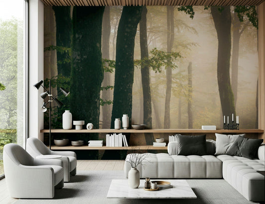 Soft-lit living room setting enhanced by Tranquil Grove wall mural forest layers