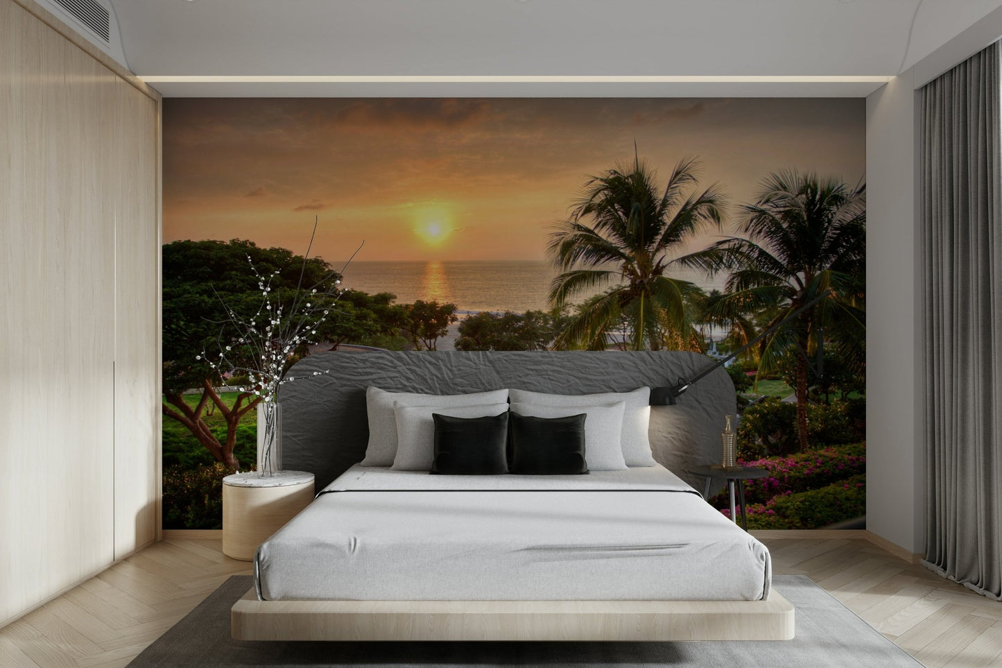 Calm coastal mural wallpaper at sunset

