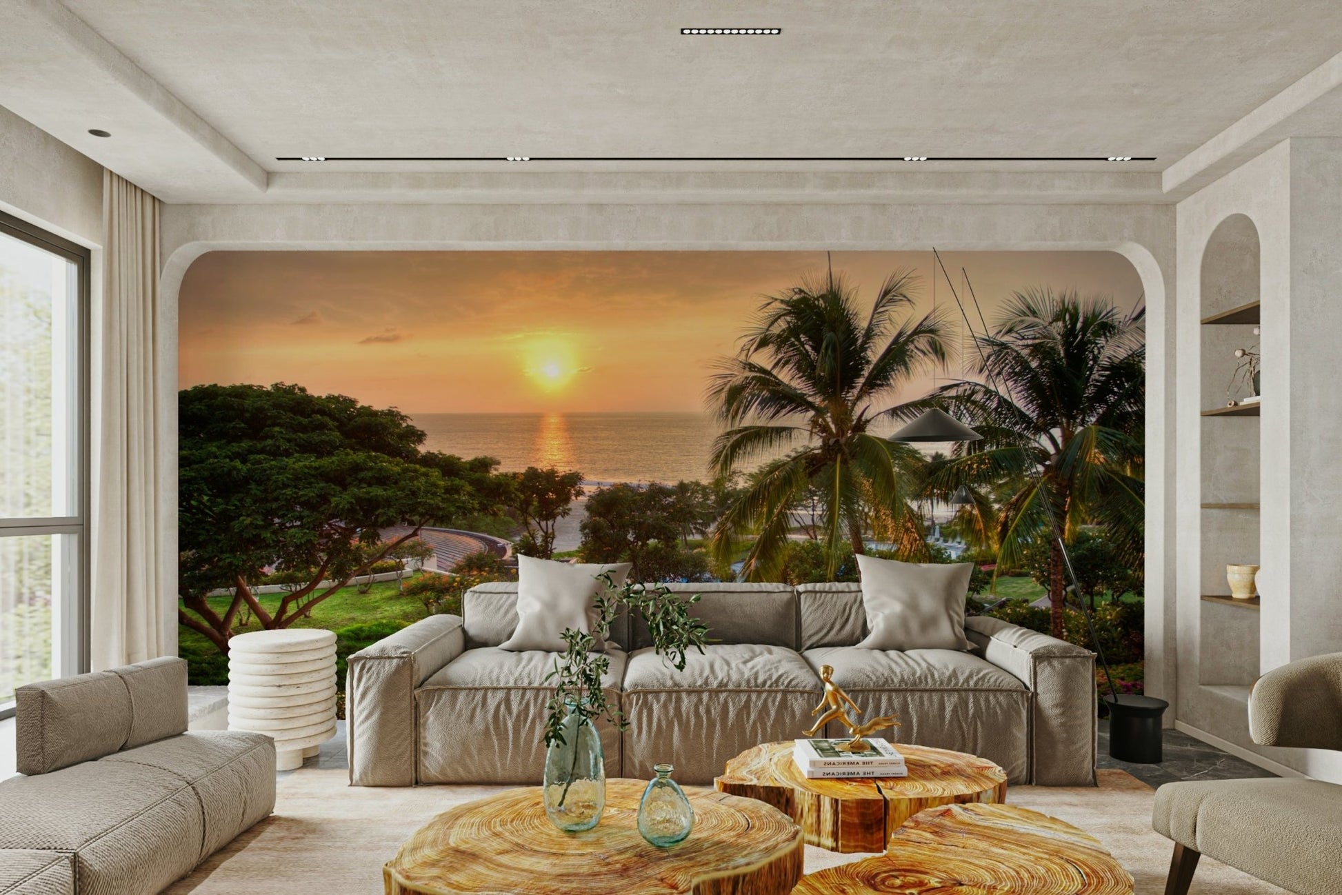 Palm tree silhouettes on sunset mural

