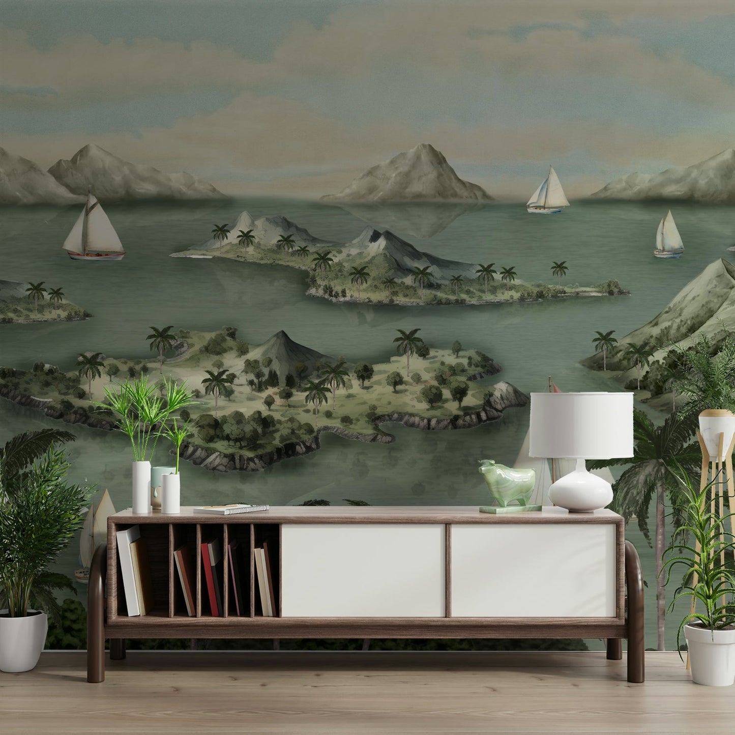 Wall mural with a calm ocean and soft colors

