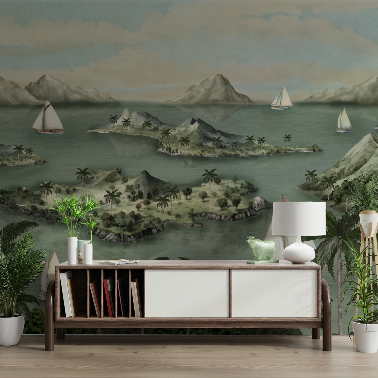 Wall mural with a calm ocean and soft colors

