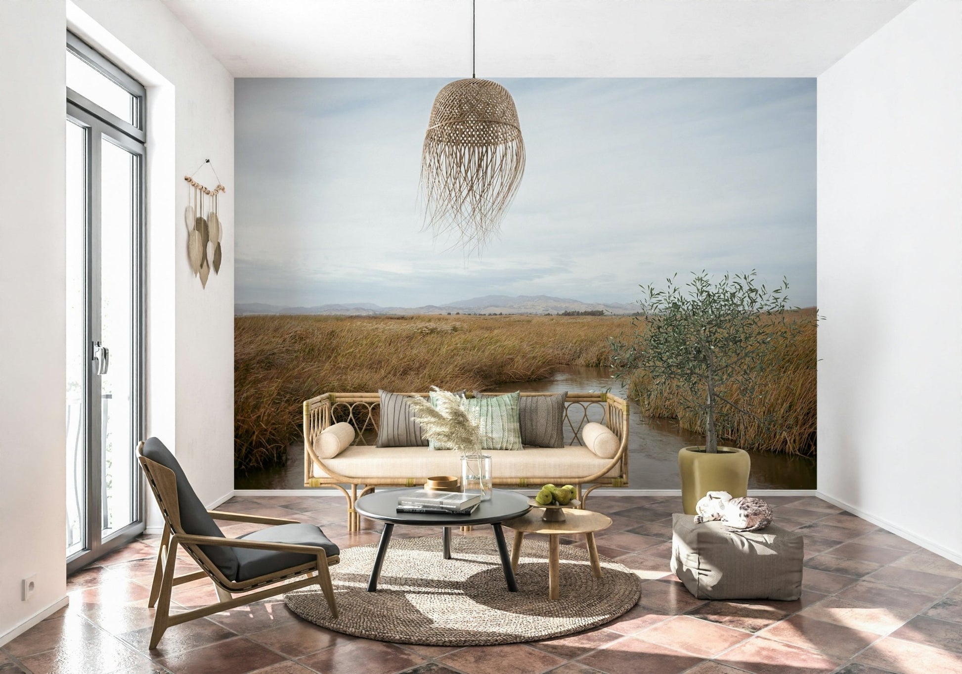 A graceful subtle pattern wall mural in cool, natural tones.