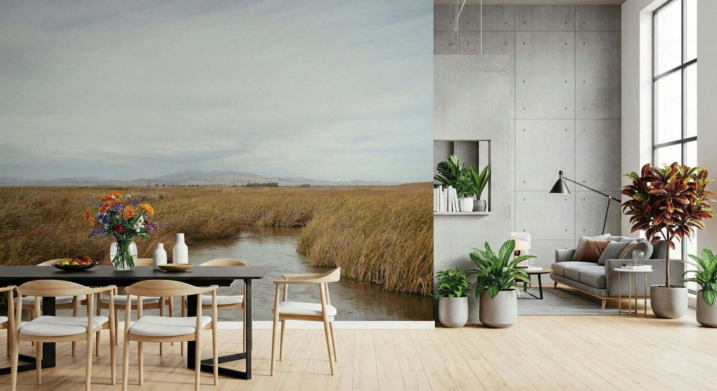 An artistic natural vista mural on scenic wallpaper.