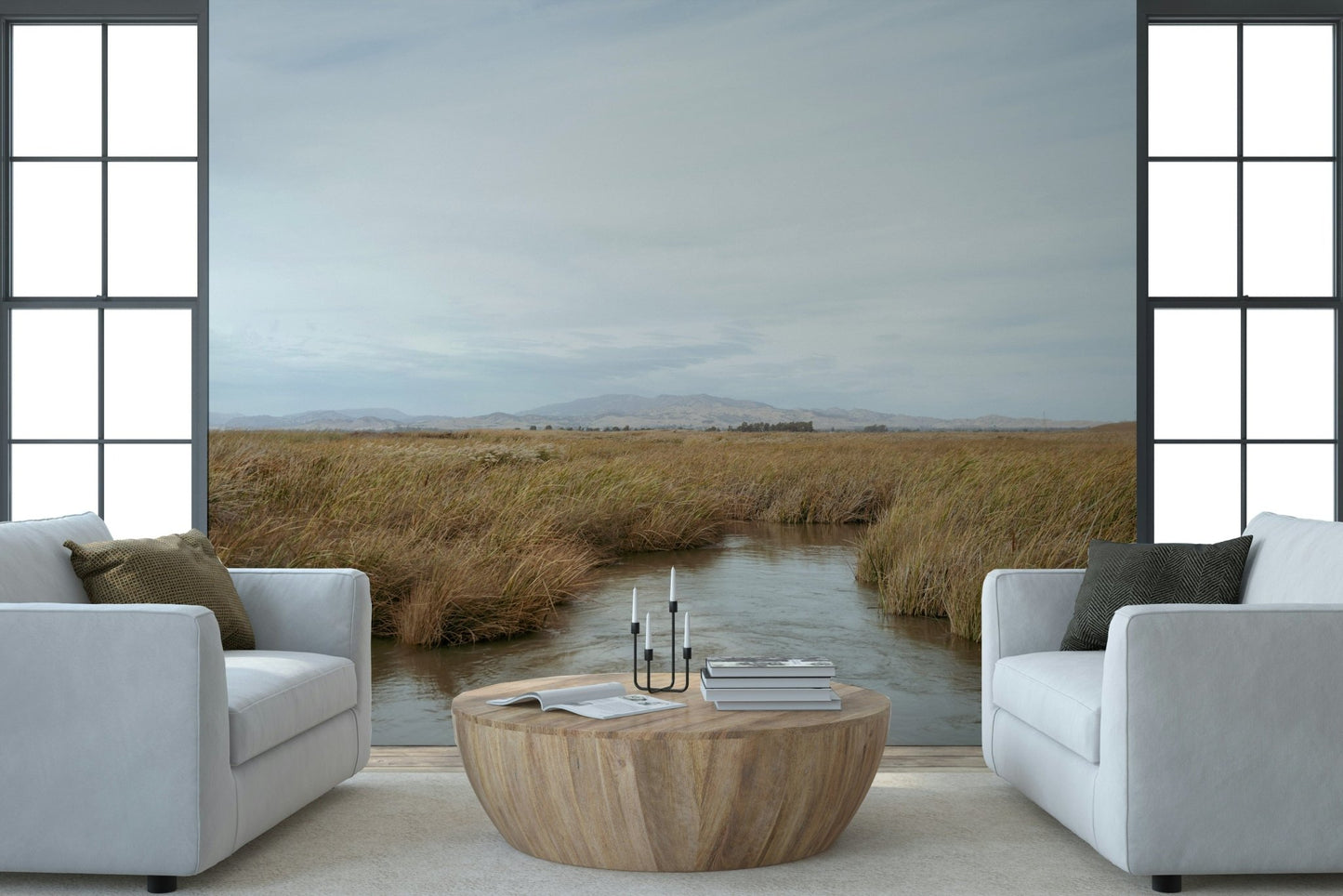 A calming serene view wallpaper mural that defines a space.