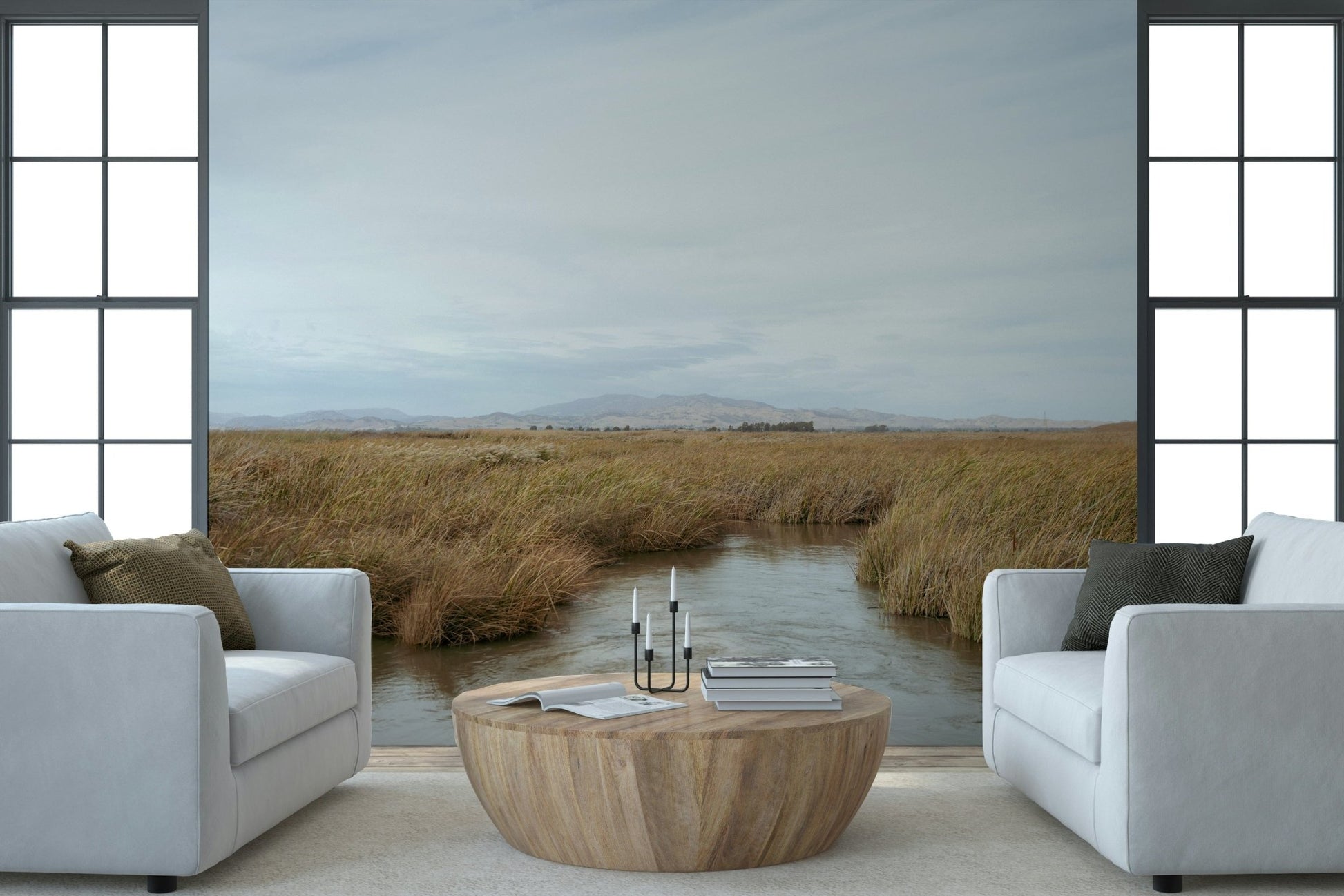 A calming serene view wallpaper mural that defines a space.