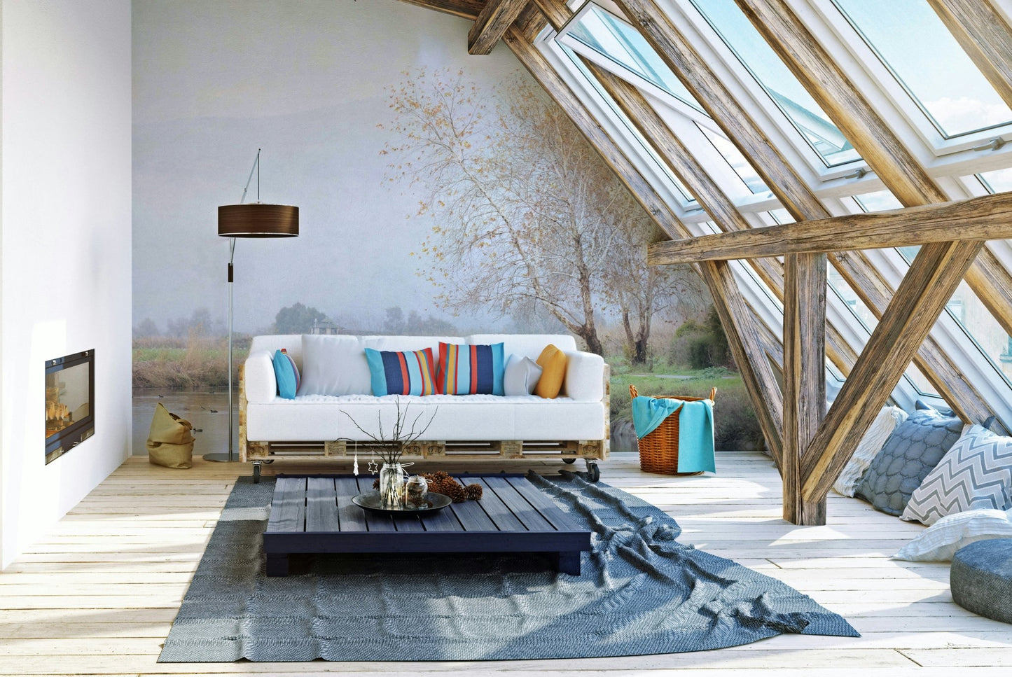 Serene lakeside landscape mural
