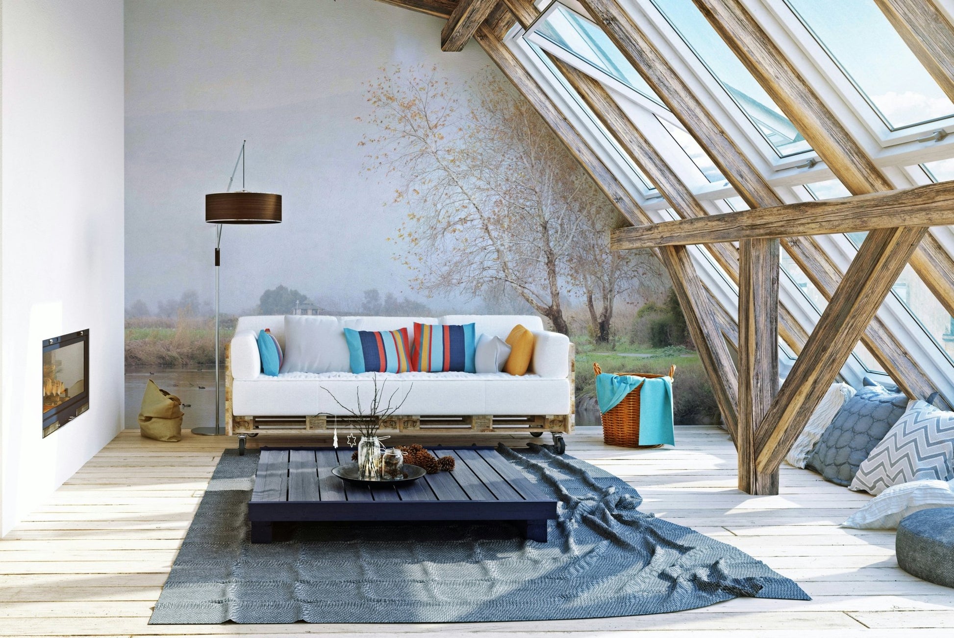 Serene lakeside landscape mural
