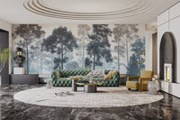 Foggy woodland tree wallpaper design
