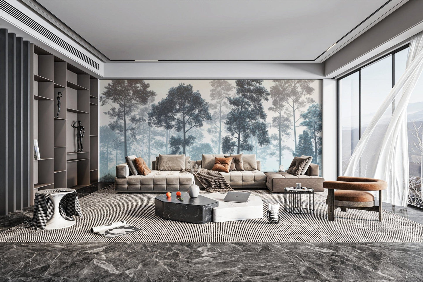 Quiet woodland fog wallpaper design
