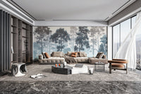 Quiet woodland fog wallpaper design
