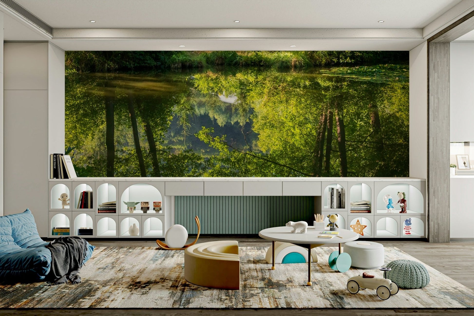 The color palette is composed of various shades of green for the foliage, blues for the water and sky, and earthy tones for the land.
