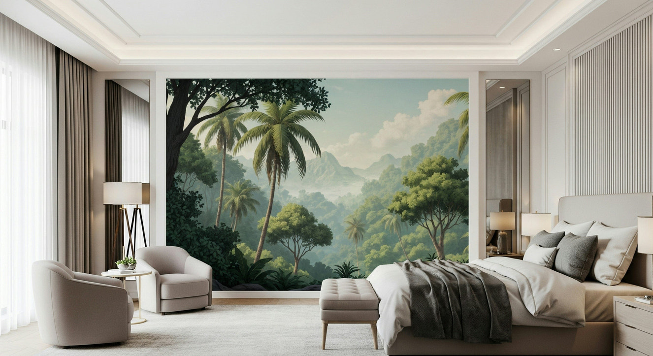 Palm Vista wall mural featuring tropical leaves in a bright living room.