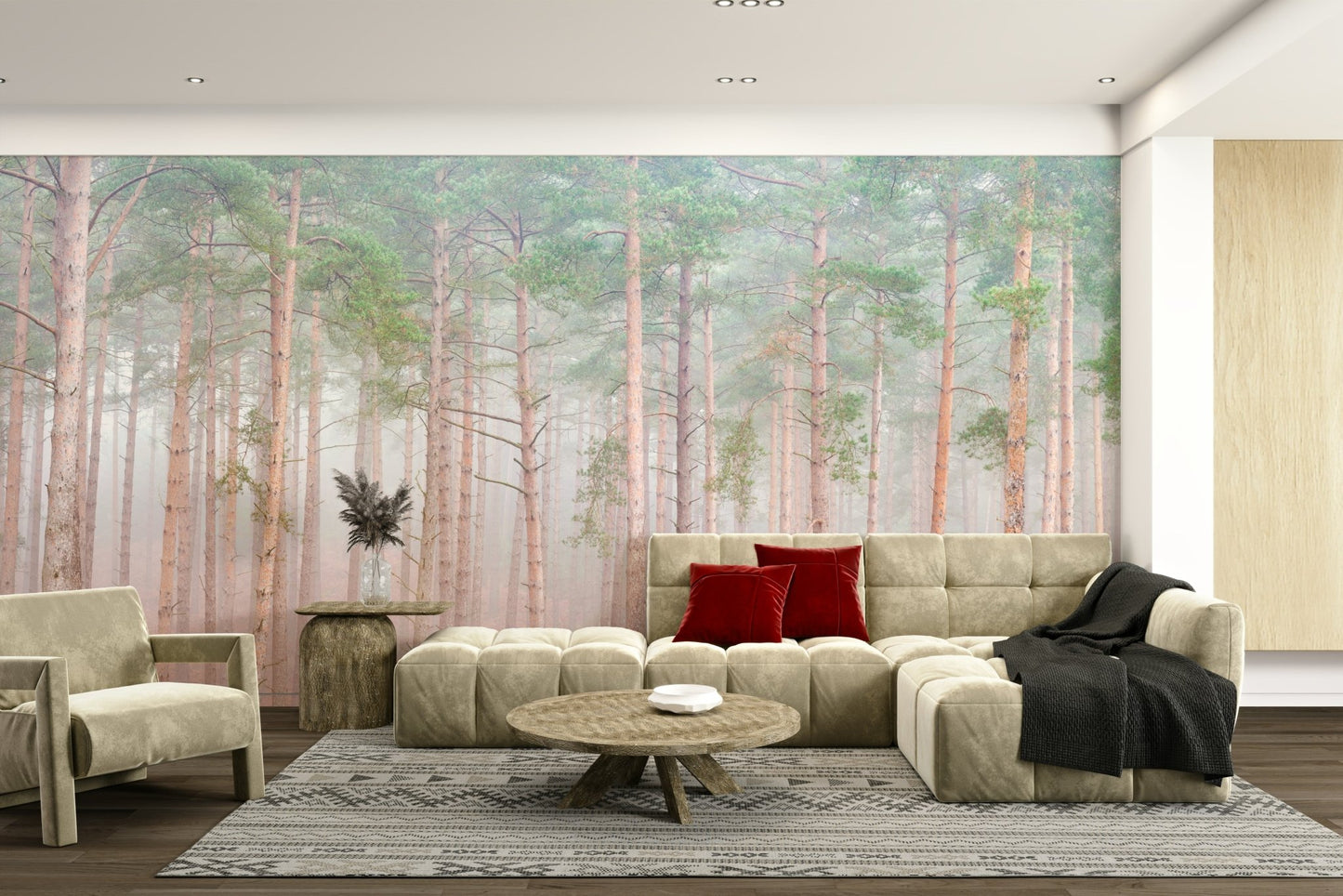 Peaceful forest scene with tall pine trees.

