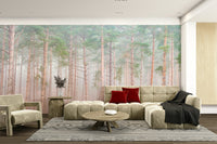 Peaceful forest scene with tall pine trees.

