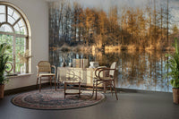 The trees have colorful fall leaves in shades of red, orange, and gold.

