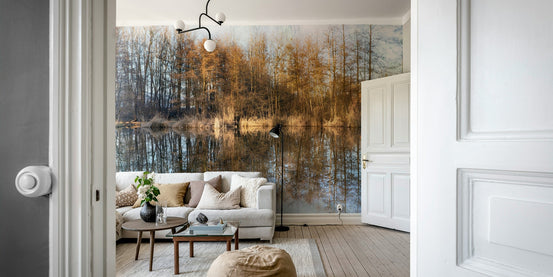 A photo-realistic wall mural of autumn trees reflected in calm water., GD2741