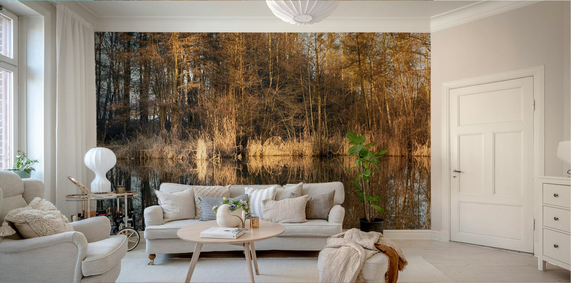 The wall mural is installed on a living room feature wall.

