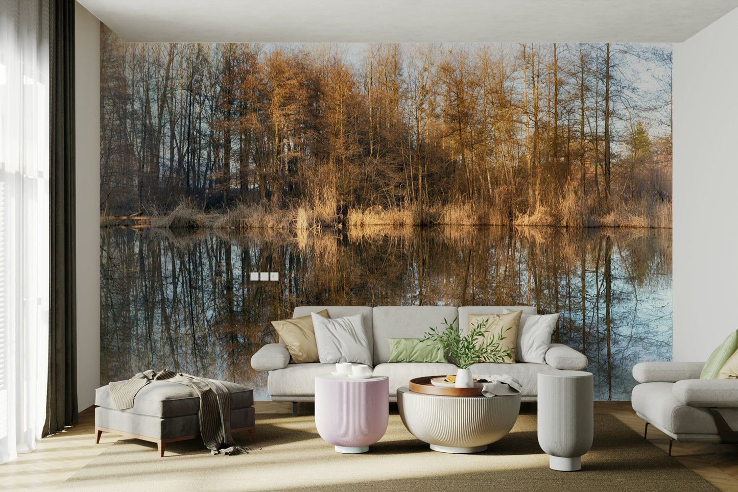 A large-scale nature photography print of a fall scene.

