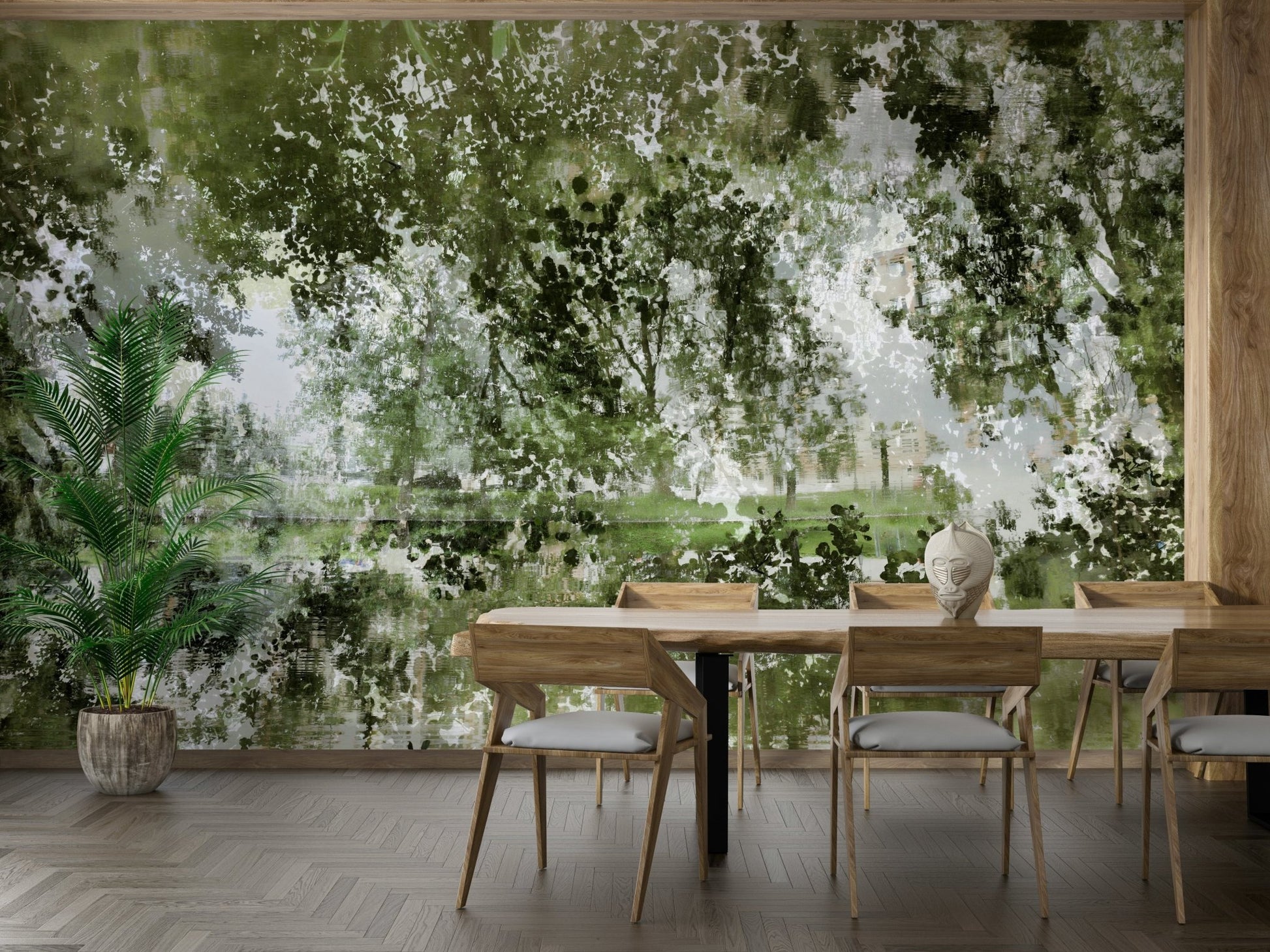 Tranquil Reflection of Nature - Abstract Greenery Art Print Wall Mural