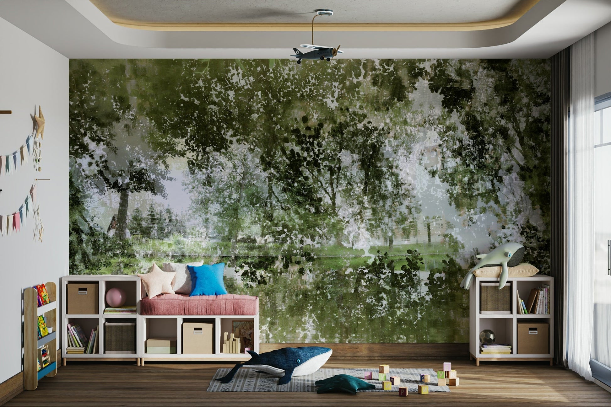 Tranquil Reflection of Nature - Abstract Greenery Art Print Wall Mural