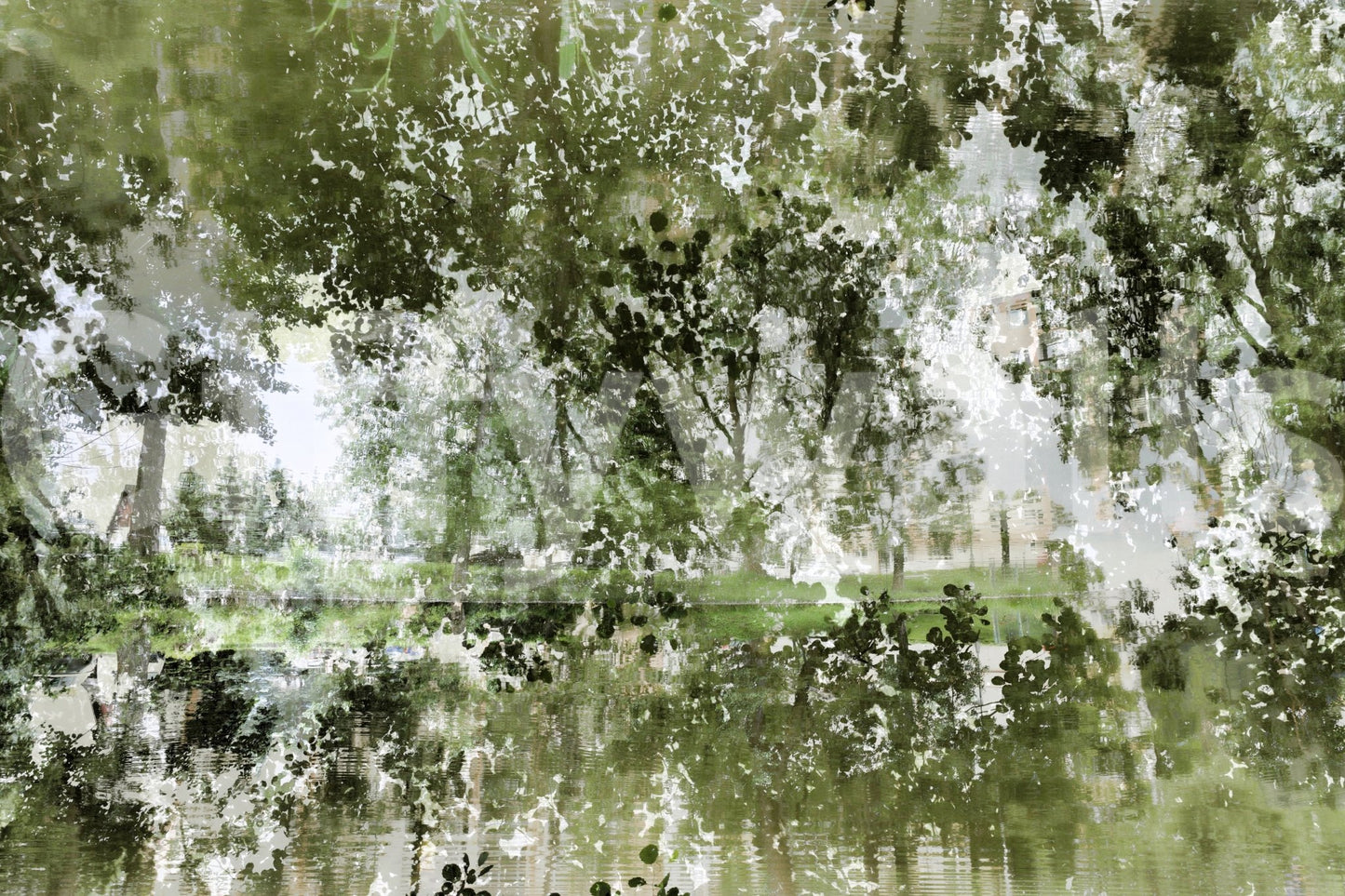 Tranquil Reflection of Nature - Abstract Greenery Art Print Wall Mural