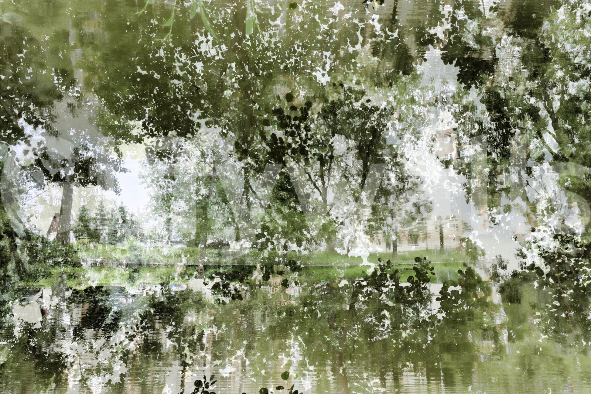 Tranquil Reflection of Nature - Abstract Greenery Art Print Wall Mural