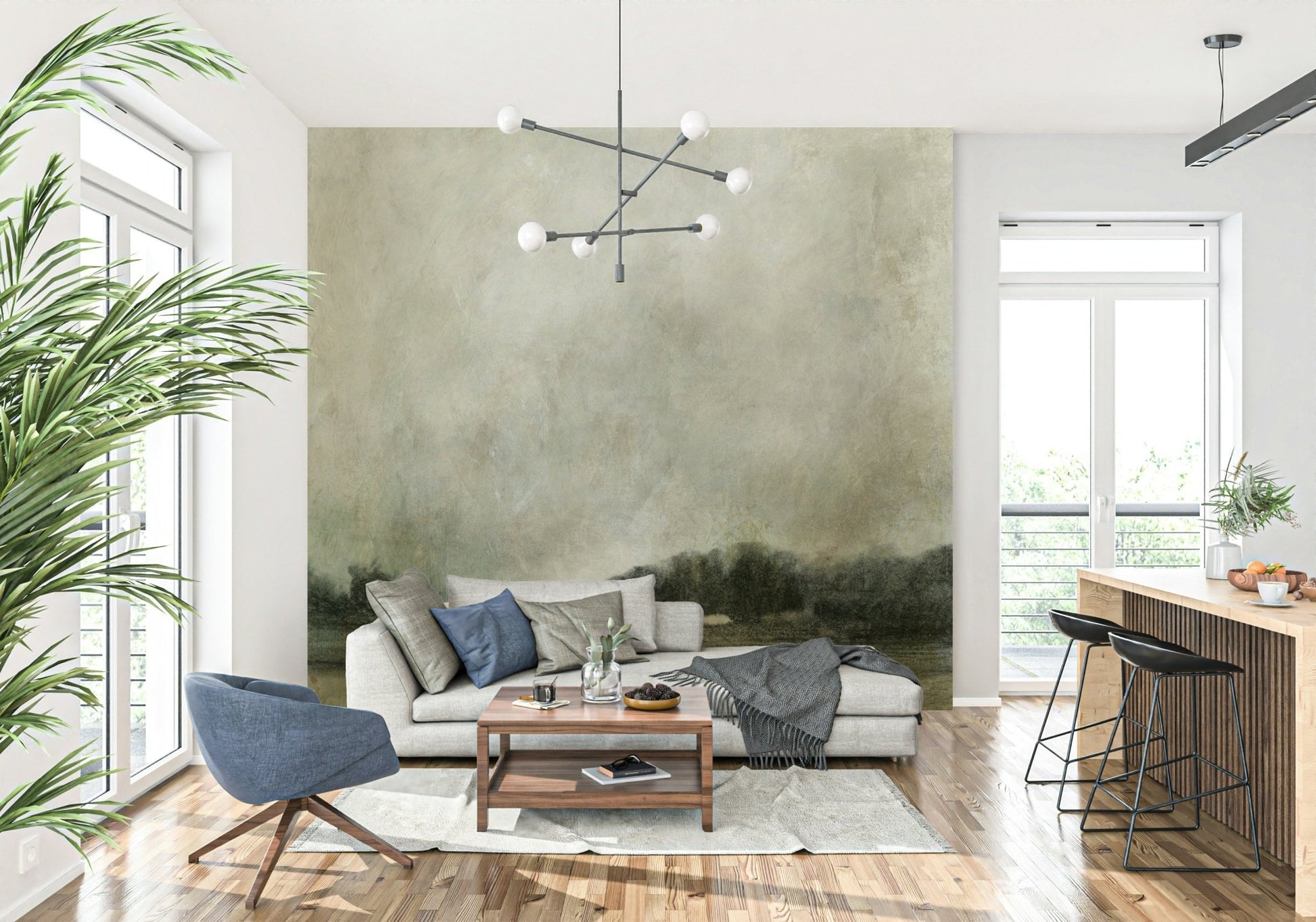 A beautiful wide-angle wall mural of a serene coast.