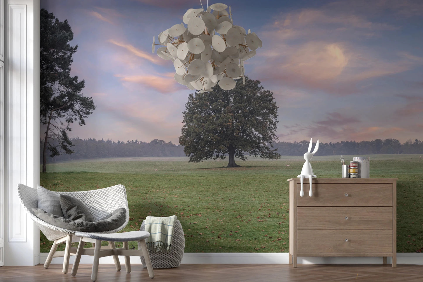 Tranquil Sunrise Field Wall Mural displayed in a patio Living area with an airy layout, GD8872