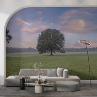A modern lounge uses Tranquil Sunrise Field Wall Mural as a soft landscape backdrop, GD8872