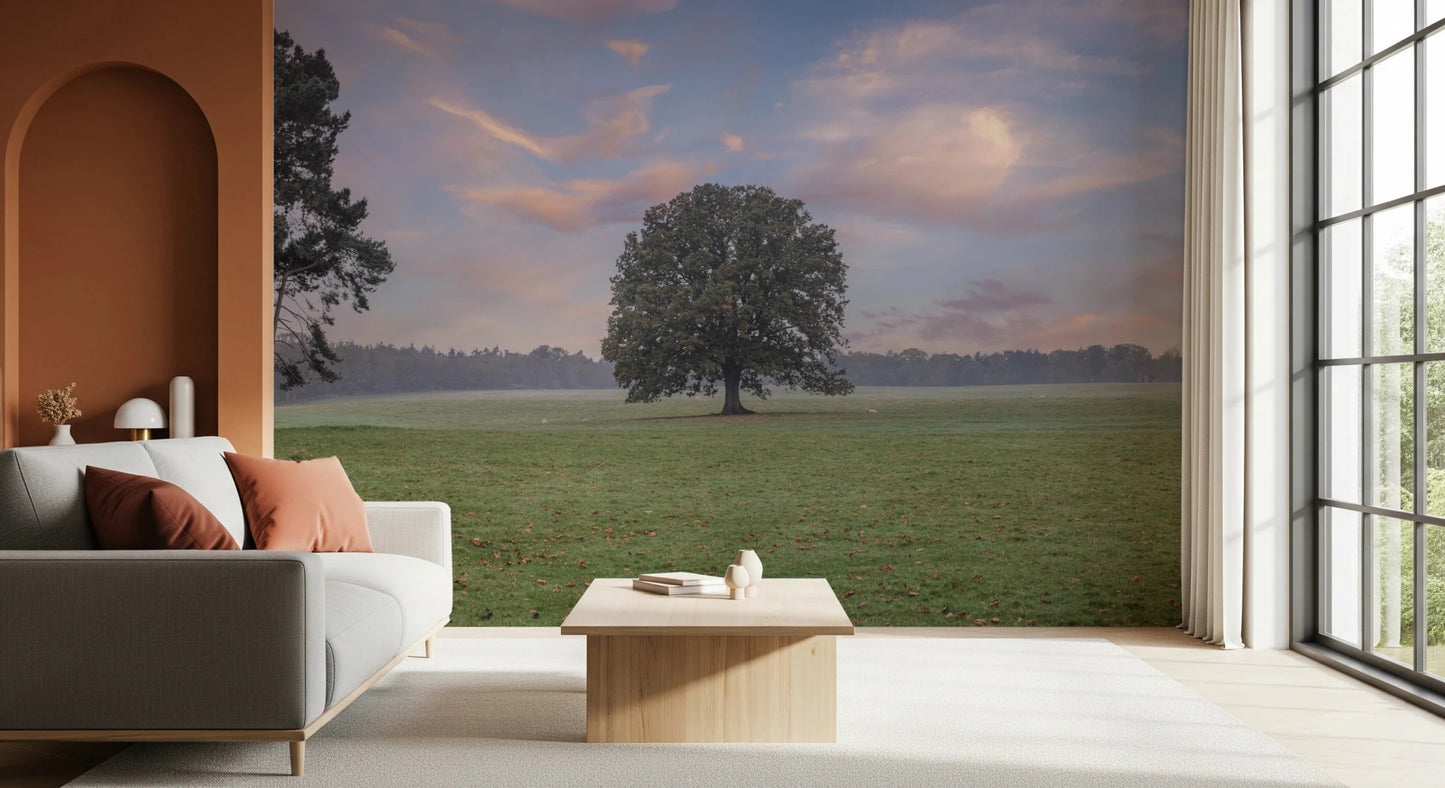 Tranquil Sunrise Field Wall Mural placed behind a warm Living room setup with layered, GD8872
