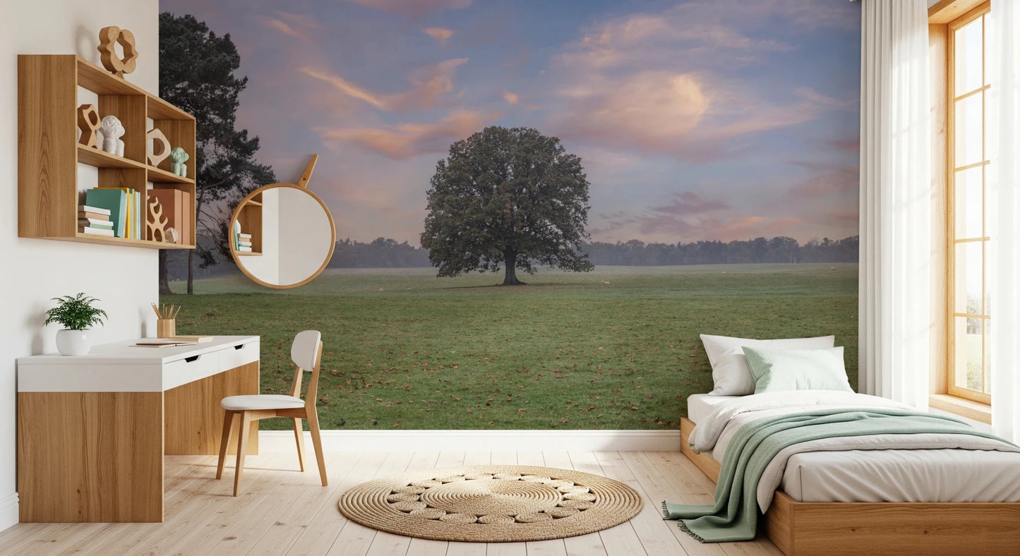 A calm Bedroom featuring Tranquil Sunrise Field Wall Mural with a wide scenic view, GD8872