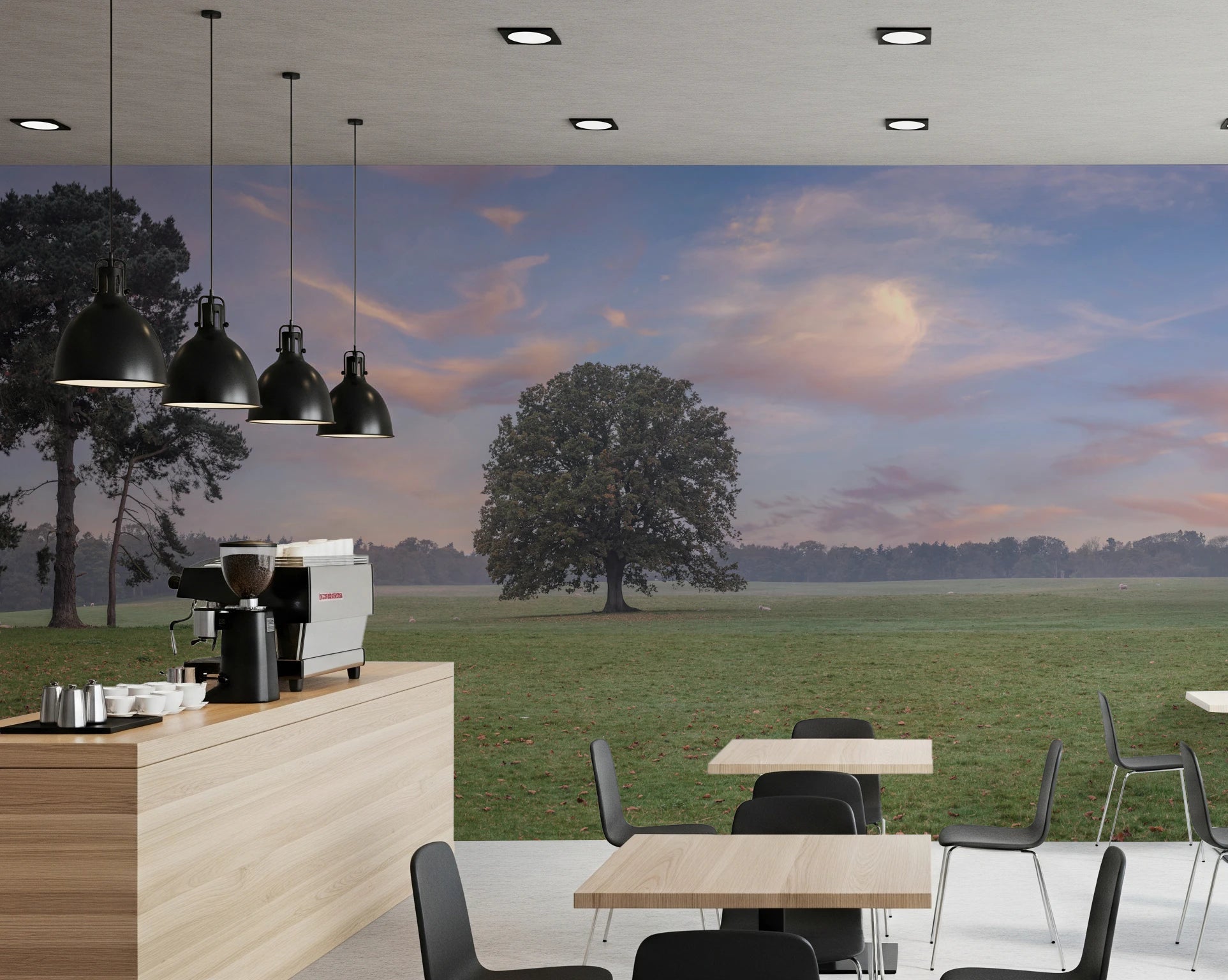 Café scene styled with Tranquil Sunrise Field Wall Mural and open views, GD8872
