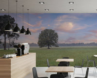 Café scene styled with Tranquil Sunrise Field Wall Mural and open views, GD8872