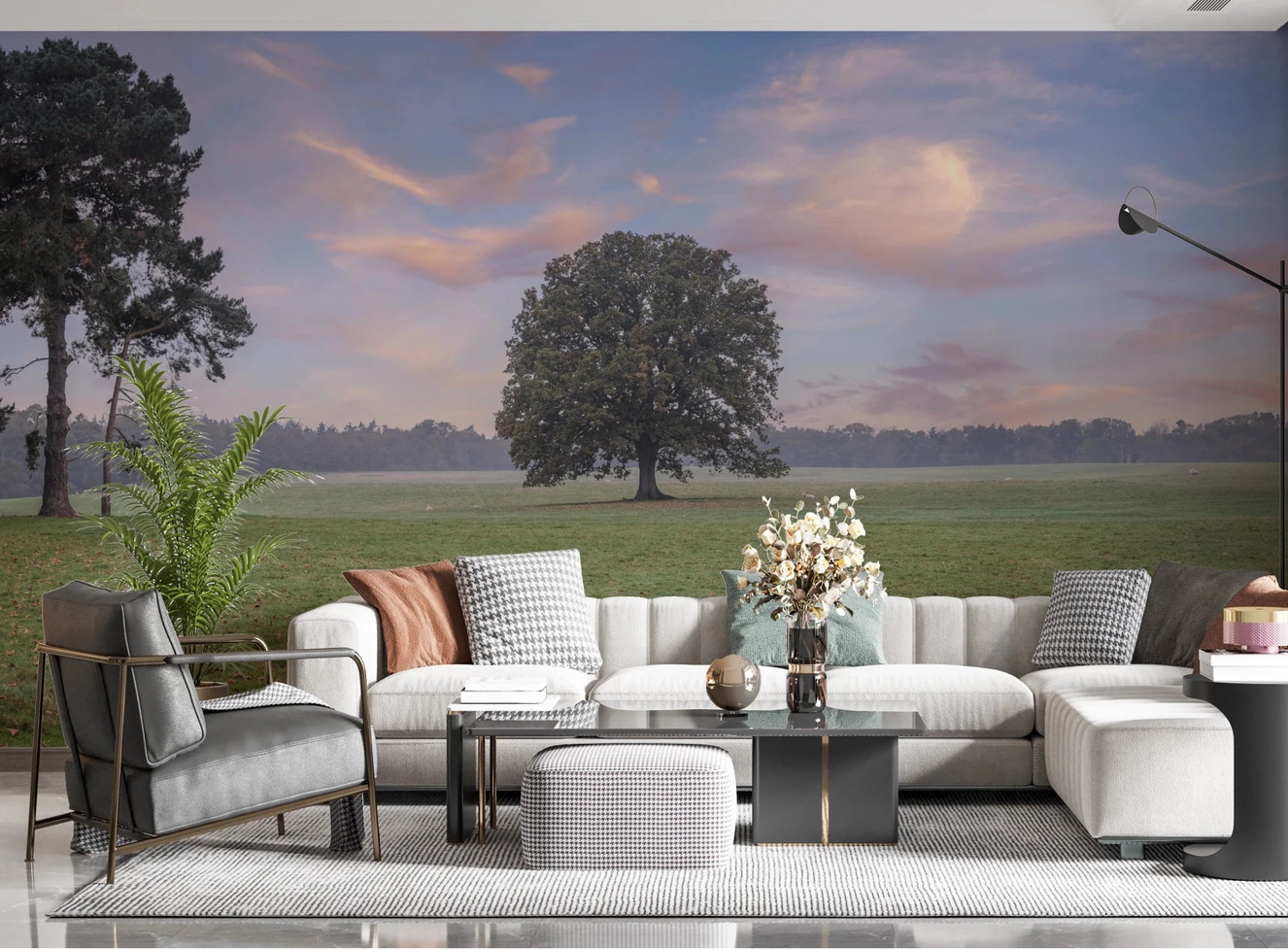 Tranquil Sunrise Field Wall Mural styled in a bright living room with soft white seating