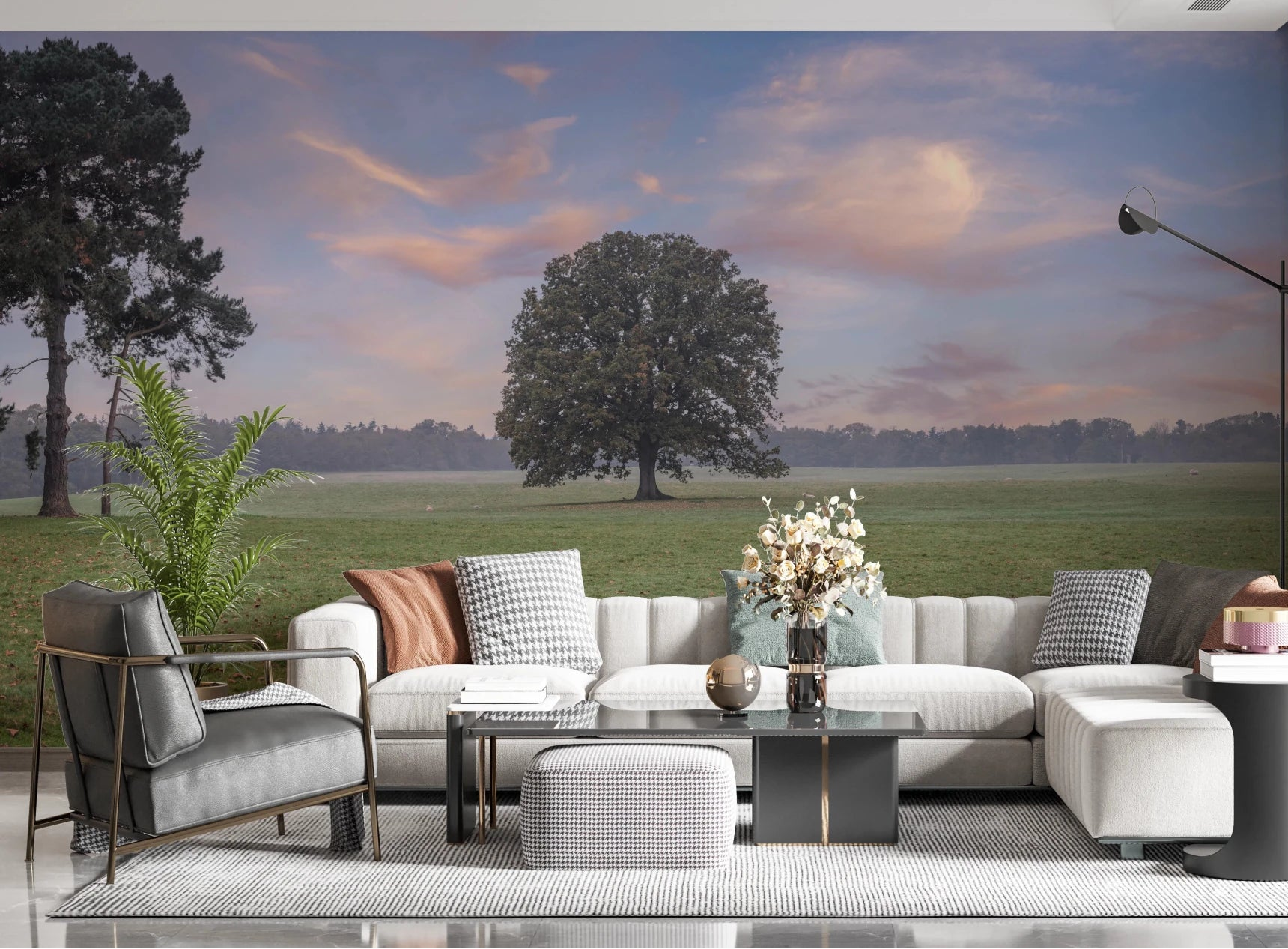 Tranquil Sunrise Field Wall Mural styled in a bright living room with soft white seating, GD8872